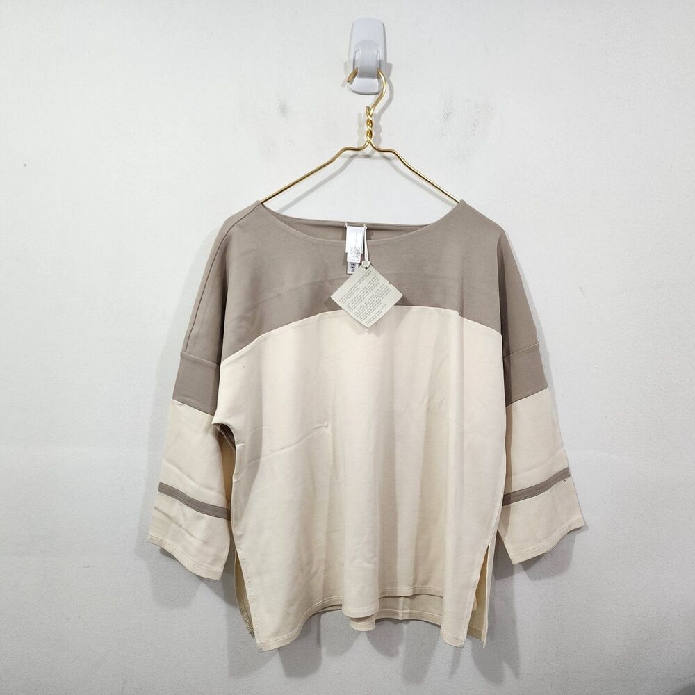 WYNNE LAYERS Marla Wynne NWT Colorblock Pointe Knit Shirt Ivory Taupe Size L